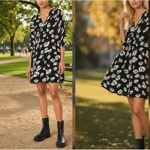 BA&SH Babydoll V-neck Black Floral Dress US 8 NWT $295 UTA Mini Satin‎ Jacquard
